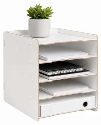Immagine prodotto di Relaxdays, portadocumenti da scrivania, formato DIN A4, 5 scomparti, dimensioni: 29,5 x 25 x 31,5 cm, materiale: MDF, sistema ad incastro, colore: bianco