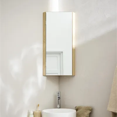 A corner bathroom cabinet with a mirror above a sink and faucet.