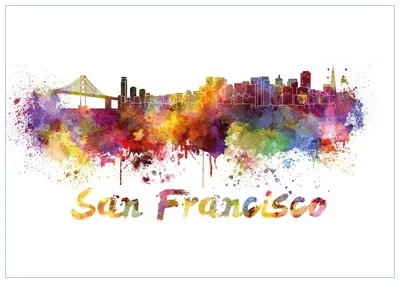 Produktbild von Wallario Premium Glasbild, freischwebende Optik, kräftige Farben, Größe 100 x 70 cm Motiv Städte als Aquarell - Skyline von San Francisco