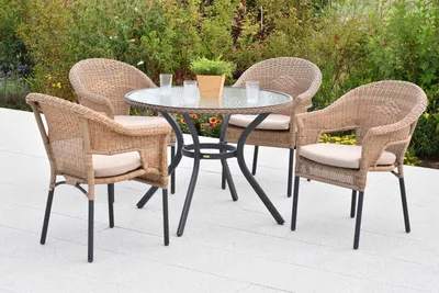 Produktbild von Merxx "Ravenna" Set 9tlg., 4 Stapelsessel, 4 Sitzkissen, Tisch Ø 100 cm, Natur, Aluminium/Kunststoffgeflecht