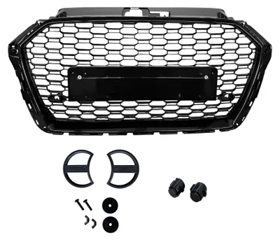 Kühlergrill Waben + Emblem Halter SCHWARZ GLANZ für Audi A3 S3 8V ab 2016 – Produktansicht