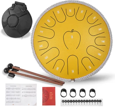 Produktbild von Zungentrommel 14 Zoll 15 Noten, Steel Tongue Drum C Dur, 35cm Steeldrum Mit Liederbuch Schlägel Stauetasche, Handpan für YogaMeditation Anfänger, Gold
