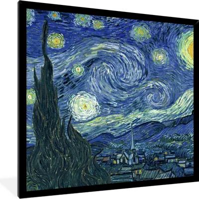 Produktbild von MuchoWow® Gerahmtes Poster Sternennacht - Gemälde - Alte Meister - Vincent van Gogh 40x40 cm - Poster mit Schwarzem Bilderrahmen Wandposter Rahmen Foto Bilder - Mit Rahmen - Wanddekoration Schlafzimmer