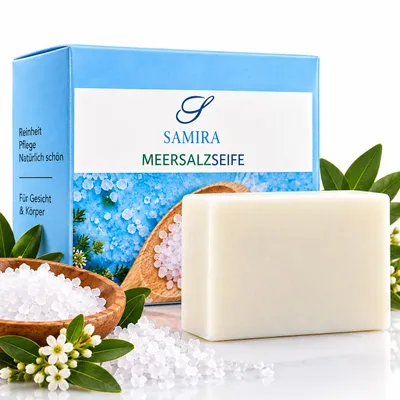 Zdjęcie produktu dla Mydło do twarzy Stałe mydło organiczne z solą morską i mlekiem koziego 100 g, Obraz wygenerowany przez AI