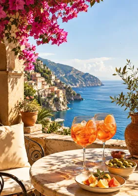 Produktbild von Mediterranes Poster DIN A2 – Aperitivo Terrasse mit Meerblick & Blüten, matt