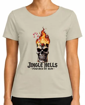 Produktbild von Jingle Hells Powered by Rum Totenkopf Flammen Weihnachten Skull Damen T-Shirt, Natur, 3XL