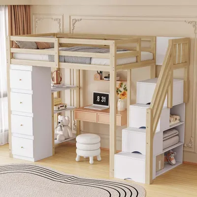 Image de AIORBER Lit surélevé, 90x200cm, en bois massif,avec 4 tiroirs de rangement, étagères,échelle de sécurité avec espace de rangement, lit d'adolescent, pour chambre d'enfant, bois