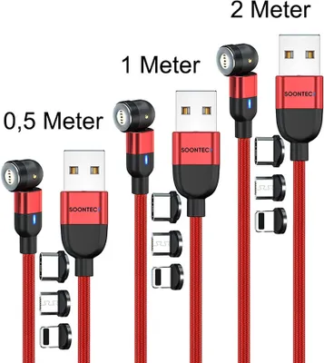 Produktbild von Magnet Ladekabel 3er Set (0,5 Meter+1 Meter+2 Meter) SOONTEC Magnetladekabel drehbar 360°&180° mit je 3 Stecker Micro USB/ USB-C/ Lightning 3,0 A Ladekabel (Rot)