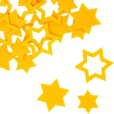 A collection of yellow felt stars scattered on a white background.