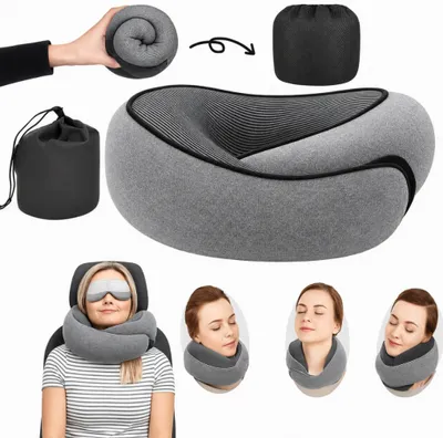 Produktbild von Ergonomisches 360°-Reisekissen für Nacken und Hals aus Memory-Schaum mit Kinnstütze, waschbarem Bezug und Transportbeutel