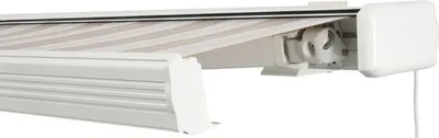 Produktbild von SOLUNA Kassettenmarkise Exquisit 4,5x2,5 Stoff Dessin 6171 Gestell RAL 9010 reinweiß Antrieb rechts inkl. Motor und Wand