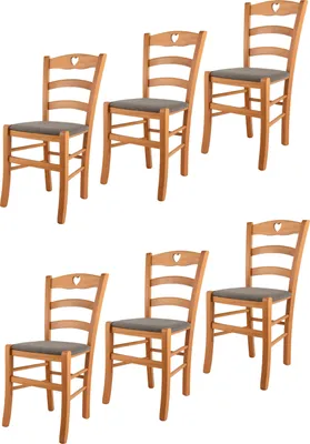 Zdjęcie produktu dla t m c s Tommychairs - Zestaw 6 krzeseł CUORE do kuchni i jadalni, solidna konstrukcja wykonana z lakierowanego drewna bukowego w kolorze miodowym i tapicerowane siedzisko pokryte tkaniną w kolorze płowego brązu