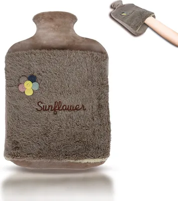 Produktbild von Wärmflasche 2.0L mit Deckel und Kuschelweichem Fellbezug, Kängurutasche - Auslaufsicher, Bettflasche mit weichem Abnehmbarem Bezug(Sunflawer braun)