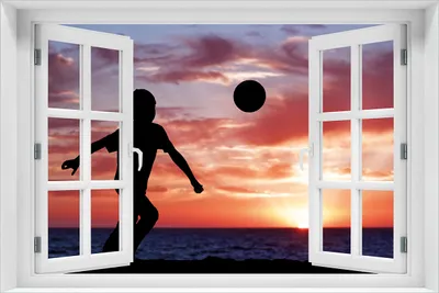 Produktbild von Wallario Poster mit Fenster-Illusion: Fußball - Kleiner Junge spielt im Abendrot, Größe: 61 x 91,5 cm (Maxiposter)