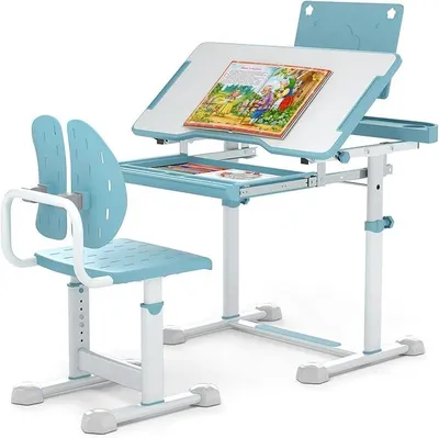 Imagen del producto de Escritorio infantil con silla, altura ajustable. Escritorio con superficie inclinable, escritorio juvenil con cajón y estantería. Set de escritorio para niños a partir de 3 años (azul)