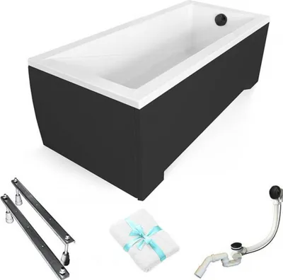 Produktbild von Aqua For You | Besco Badewanne Rechteckig Modern - 140 x 70 Cm - Mit Schwarzem Rahmen - Siphon Set - Acrylwanne - mit Verkleidung