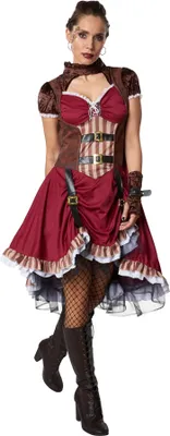 A woman modeling a steampunk-themed dress.