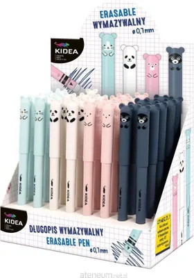 A display box filled with colorful erasable pens, each with a cute animal-themed cap.