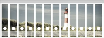 Produktbild von Wallario Ordnerrücken Sticker, selbstklebend für breite Ordner, 12 Stück, Motiv Leuchtturm auf der Düne am Strand