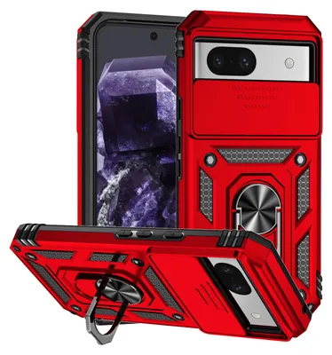 Image de Étui pour Google Pixel 8A étui double couche avec couvercle coulissant pour appareil photo et support annulaire rouge