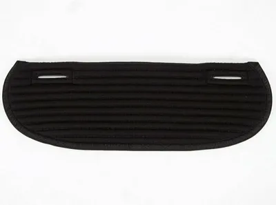 A black saddle pad with horizontal stitching and two small slits on the top edge, isolated on a white background.