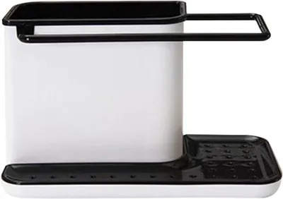 Produktbild von Küchenabwaschorganizer mit Anti-Slip-Platte, weiß mit schwarz, aus Kunststoff, für Küchen, mit Sponshalter und Handtuchhalter