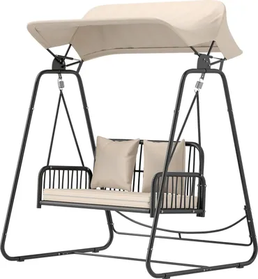 Produktbild von Hollywoodschaukel Rattan 2-Sitzer Gartenschaukel mit verstellbar Sonnendach Kissen Hängebank bis 240 kg belastbar Hängeschaukel Schaukelbank für Garten Balkon 149 x 121 x 180 cm Khaki Aosom