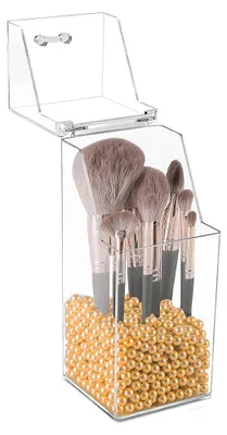 Produktbild von Pinselhalter für Schminkpinsel mit Deckel, Durchsichtiger Make-up-Pinselbehälter aus Plastik, Staubdichter Pinselorganizer für Frisiertisch und Badezimmer, Quadratisch und Sechseckig