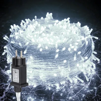 Zdjęcie produktu dla Łańcuch świetlny LED Ikodm, 100 metrów, 500 diod LED, 8 trybów, do użytku wewnętrznego, na Boże Narodzenie, imprezy, ogród. Efekt migoczących gwiazd. Przezroczysty kabel. Światło: białe (zimne)