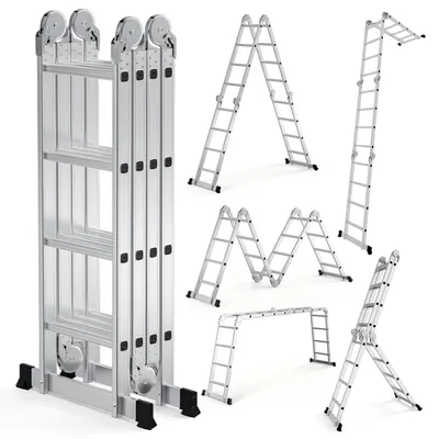 Image de Échelle multifonctionnelle en aluminium Ikodm 7 en 1, avec 4 marches, environ 470 cm / 4,7 m, échelle pliante à plateforme pour la maison et l'atelier, échelle d'accès, capacité de charge maximale de 150 kg