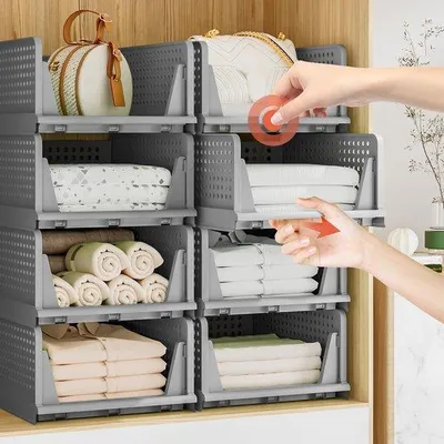 Produktbild von Unyqoos® 5er-Set stapelbare, faltbare Aufbewahrungsboxen aus PP mit halb ausziehbarer Schublade – platzsparende Organizer für Kleiderschrank
