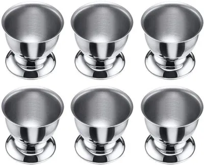 Image de Ensemble de 6 porte-œufs empilables en acier inoxydable, argentés, avec base – Ø 5 cm x H 4,7 cm, lavables au lave-vaisselle, poids total : 210 g