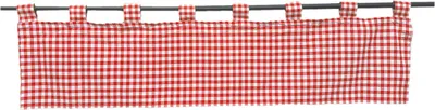 A red and white checkered valance curtain hanging on a rod.