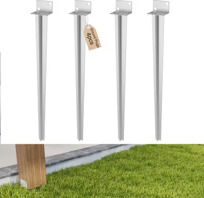 Produktbild von UISEBRT 4x L-Pfostenträger Einschlaghülse Bodenhülse 70cm Bodenanker Pfostenhalter für Holzpfosten Zinkoptik, Garten Zaun Terrasse Balkon Stabil