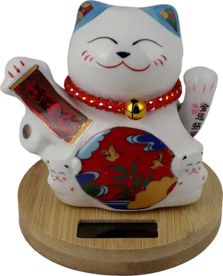 Produktbild von Glückskatze Keramik 10cm weiß Modell 04 Bambussockel Solar Maneki-neko Winkekatze Lucky cat