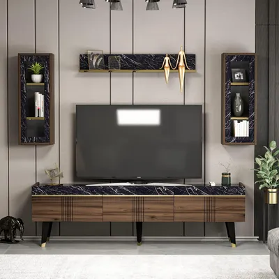 Immagine prodotto di HOMIDEA KARYA: mobile da salotto con mobile TV basso – mobile TV a 3 ante con mensole a muro dal design moderno (finitura noce/effetto marmo)