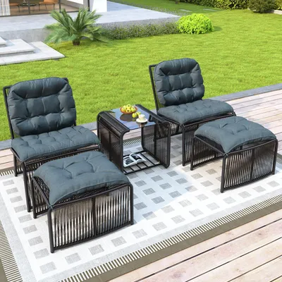 Produktbild von 5-teilig PE-Rattan Gartenmöbel Set Lounge-Set Sitzgruppe Balkonmöbel mit Glastisch & 2 Hocker wetterfest für Terrasse Garten Grau Schwarz