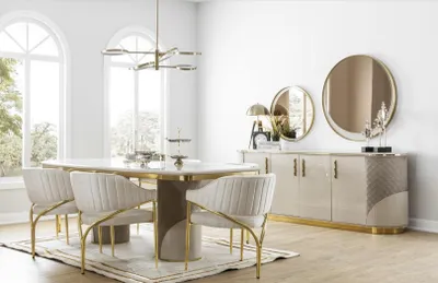 Produktbild von Luxus Esszimmer Einrichtung Tisch mit 6 Stühlen Metall Gruppe 7tlg Metall