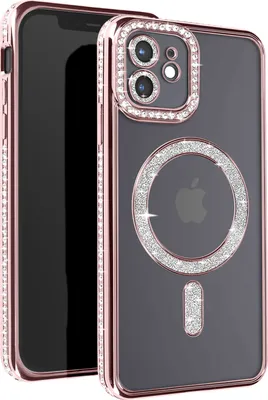 A rose gold iPhone 12 case with diamond accents and MagSafe compatibility is shown against a white background.