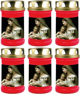 Produktbild von Grabkerze Rot 6er Pack, Brenndauer: 48 Stunden ( je Kerze ), Motiv: Maria mit Lamm