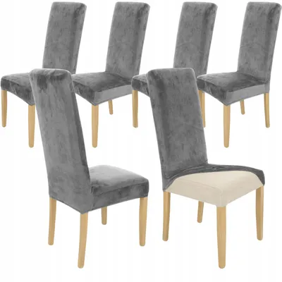 Produktbild von 6 Stück Stuhlhussen Hohe Lehne - Grau - Samt - Universal Stretch Bezug - Stuhlbezug