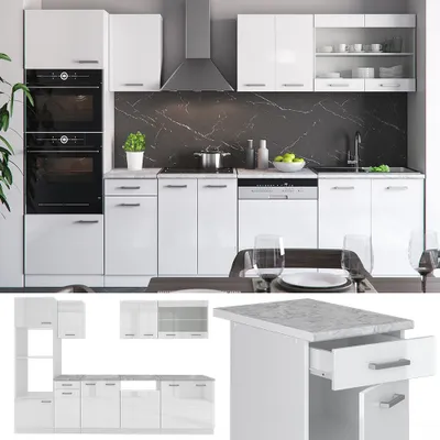 Obrázek produktu pro Kuchyňský kout Vicco R-Line Bílá vysoký lesk 300 cm s vysokou skříní, bez pracovní desky, Model 29290