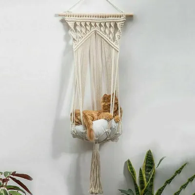 Produktbild von 1X Macramé Cat Hanging Mat, Macramé Hanging Swing Cat Dog Bed, bez polštáře