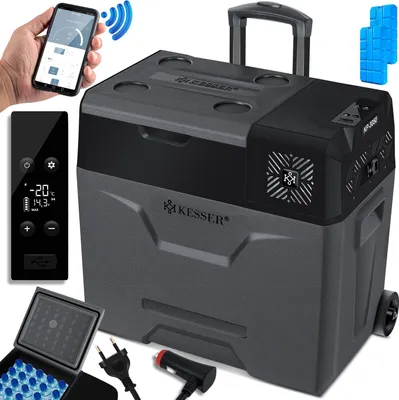 A collage of product images showcasing a portable refrigerator and its accessories, including a remote control and a smartphone app interface.