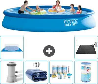 Produktbild von Intex runder aufblasbarer Easy Set-Schwimmpool – 457 x 84 cm – Blau – inklusive Pumpe Sonnensegel - Wartungspaket - Filter - Bodenplane - Solarmatte