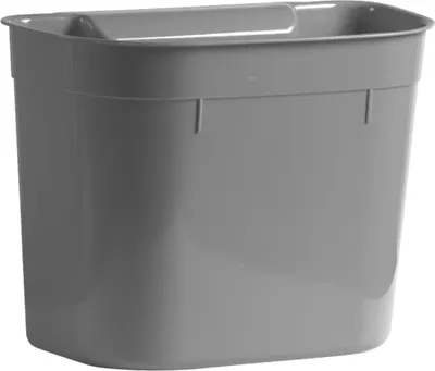 A gray plastic waste bin is shown against a white background.
