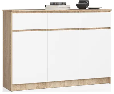 Produktbild von Kommode AKORD K140 Sonoma-Eiche 138 cm 3 Türen 3 Schubladen 6 Ebenen Front Weiß B138 x H99 x T40 cm