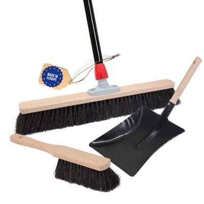 Produktbild von Novaliv Saalbesen Besen mit Stiel 40 cm Borsten Rosshaarbesen inkl. Kehrgarnitur schwarz bestehend aus Kehrblech und Handfeger besen fein Ideal als Werkstattbesen Hallenbesen mit Stiel Industriebesen