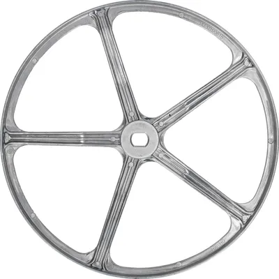 A silver-colored pulley wheel with five spokes and a hexagonal center hole, isolated on a white background.