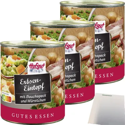 Produktbild von Hofgut Erbseneintopf mit Bauchspeck & Würstchen 3er Pack (3x800g Dose) + usy Block